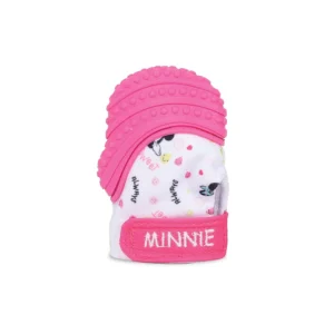 The Disney Minnie Mouse teething mitten is a safe and stimulating chew toy that protects baby's hands while soothing sore gums.
