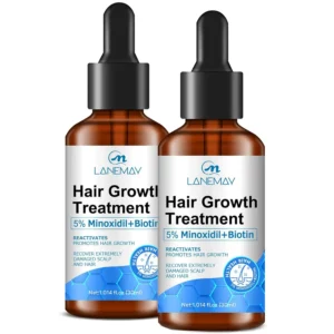 Two bottles of 5% minoxidil and biotin hair growth serum for men and women, designed to help prevent hair fall and thinning, and promote thicker, longer hair.