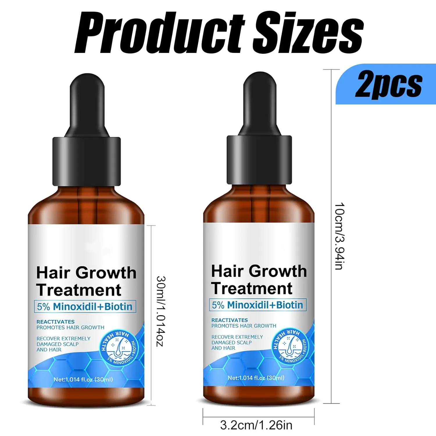 Two bottles of 5% minoxidil and biotin hair growth serum for men and women, designed to help prevent hair fall and thinning, and promote thicker, longer hair.
