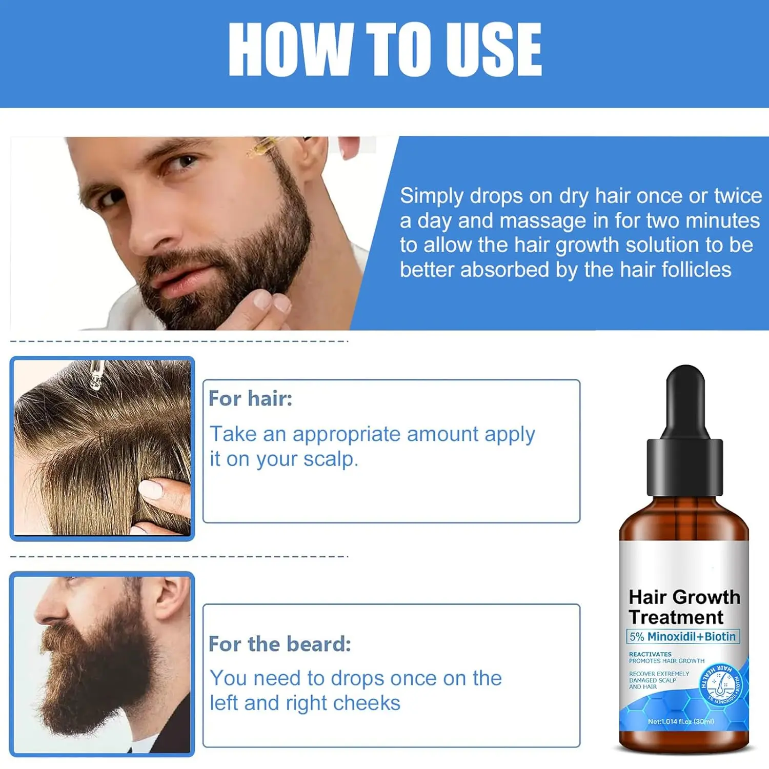Two bottles of 5% minoxidil and biotin hair growth serum for men and women, designed to help prevent hair fall and thinning, and promote thicker, longer hair.