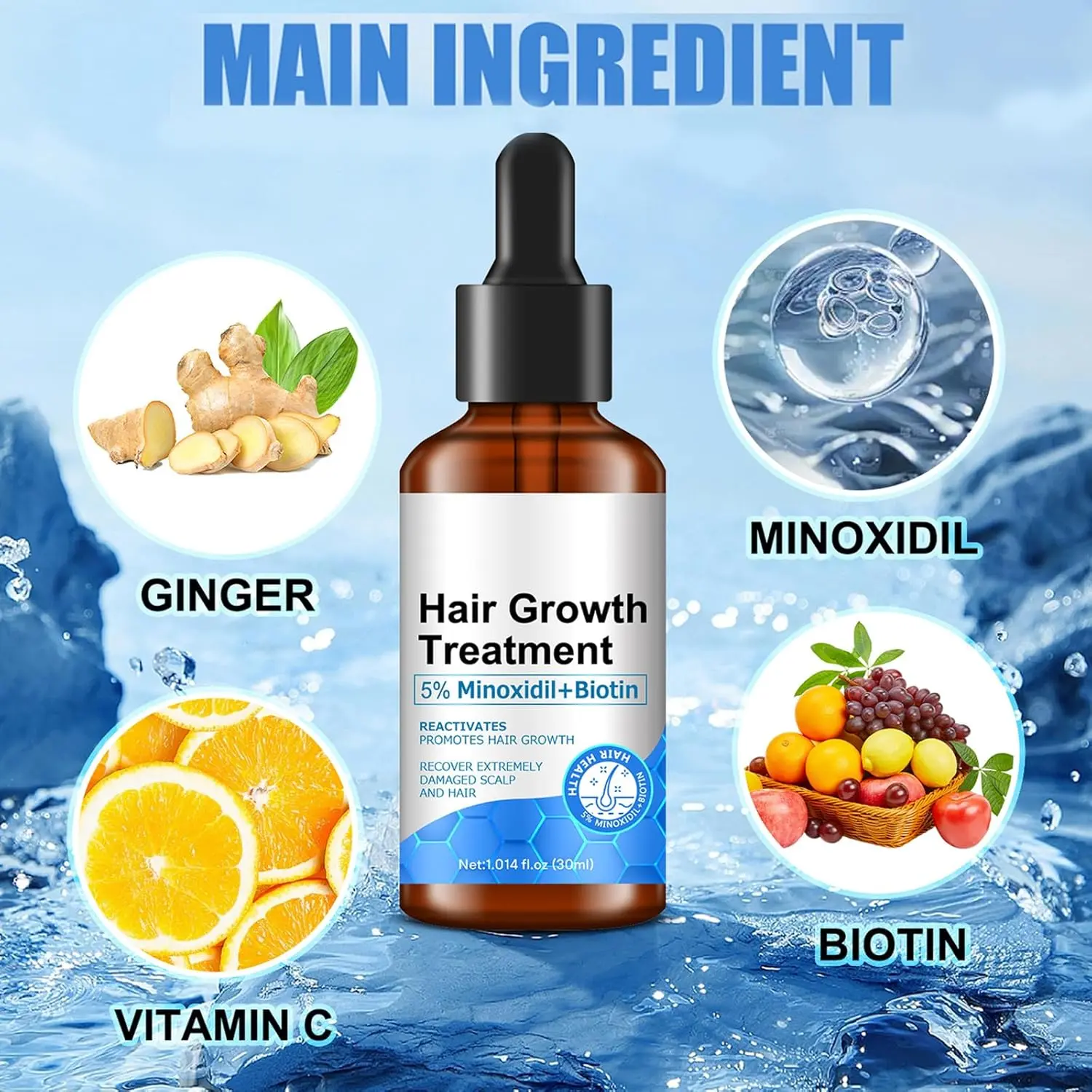 Two bottles of 5% minoxidil and biotin hair growth serum for men and women, designed to help prevent hair fall and thinning, and promote thicker, longer hair.