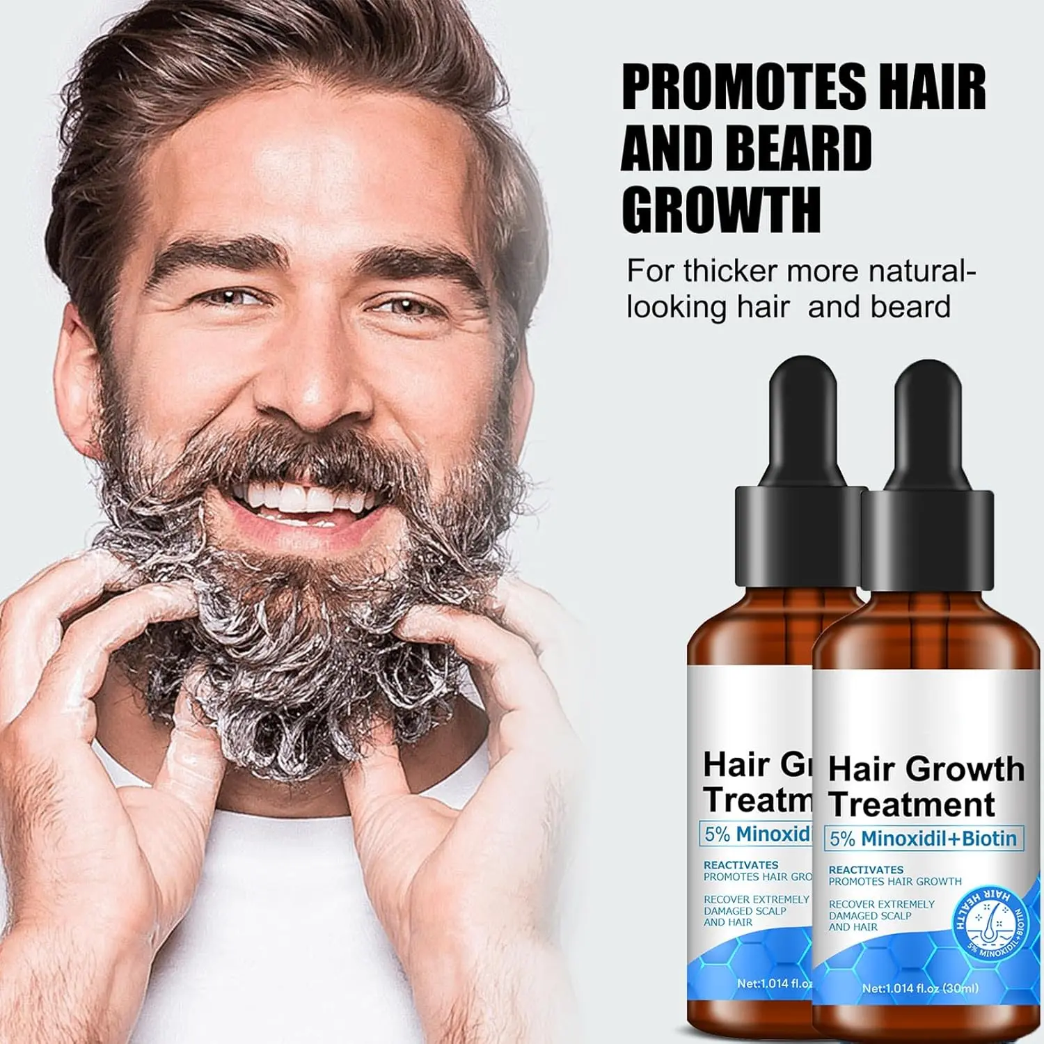 Two bottles of 5% minoxidil and biotin hair growth serum for men and women, designed to help prevent hair fall and thinning, and promote thicker, longer hair.