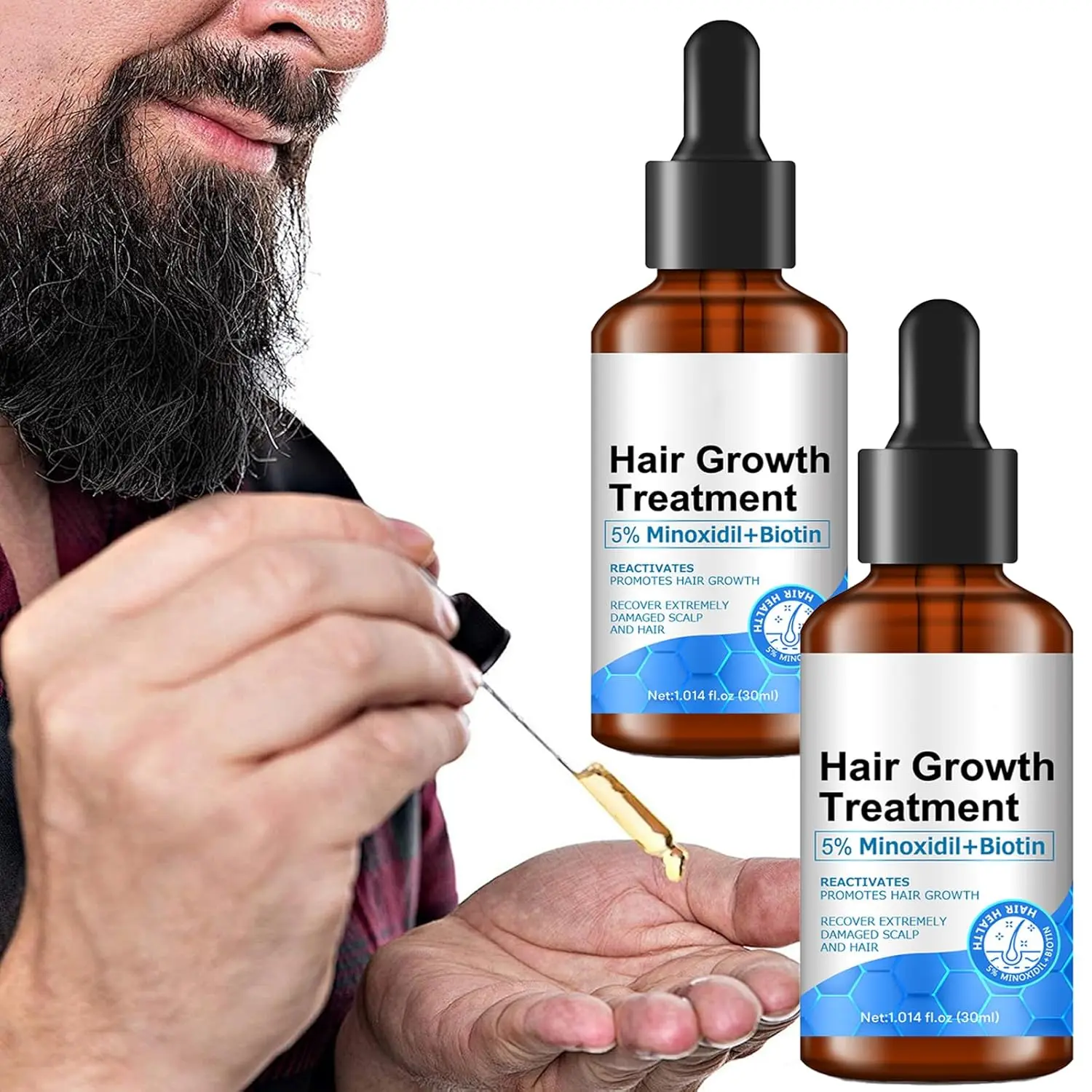 Two bottles of 5% minoxidil and biotin hair growth serum for men and women, designed to help prevent hair fall and thinning, and promote thicker, longer hair.