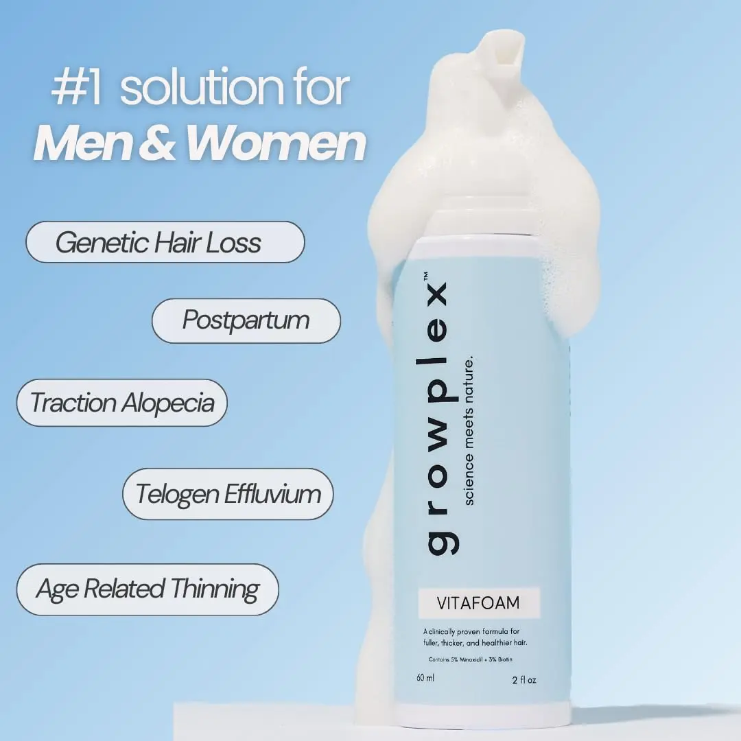 Vitafoam 5% Minoxidil foam for men and women promotes hair regrowth while blocking DHT with a non-greasy, fast-drying formula.