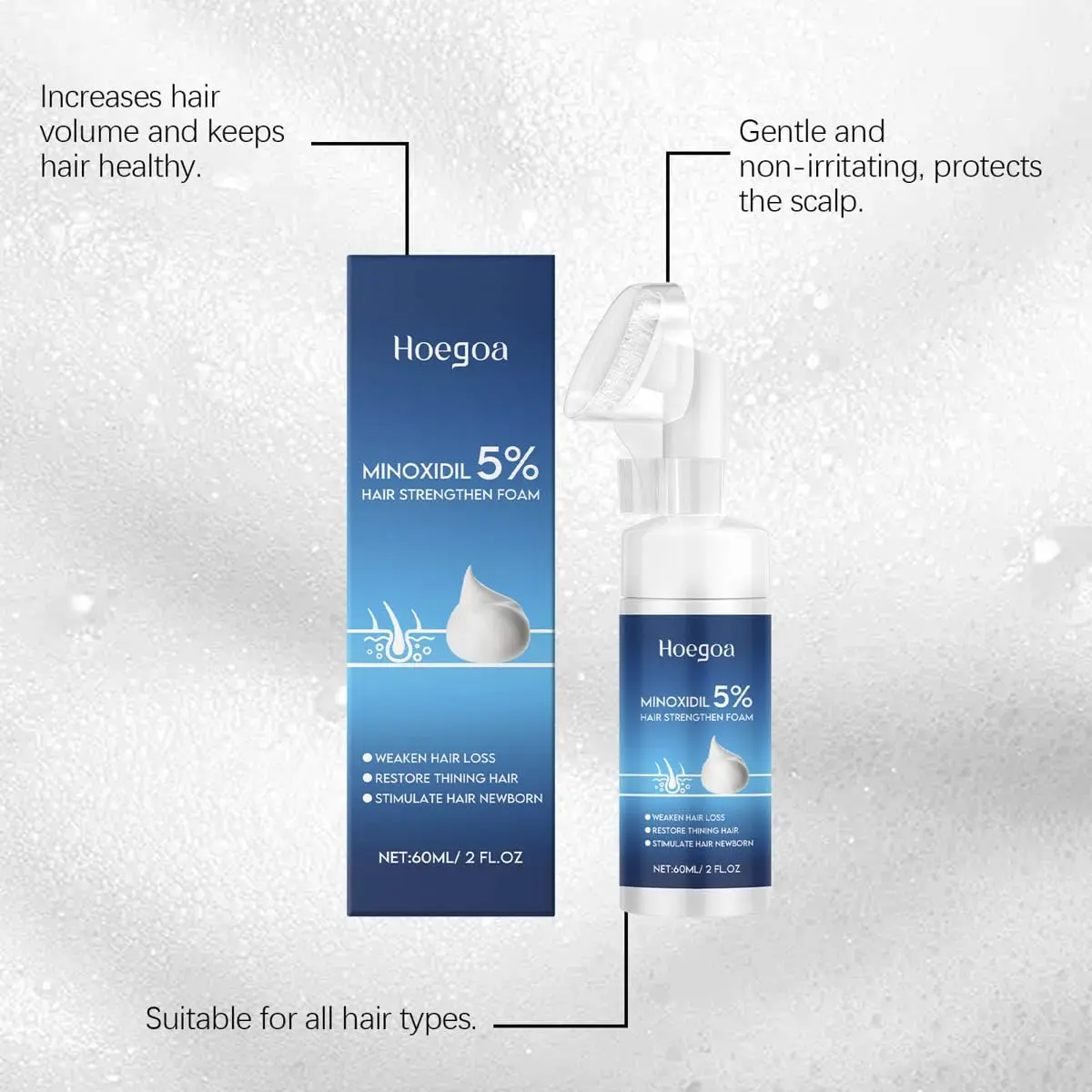 5% Minoxidil foam for men and women promotes thicker, fuller hair growth while revitalizing the scalp and reducing hair loss.