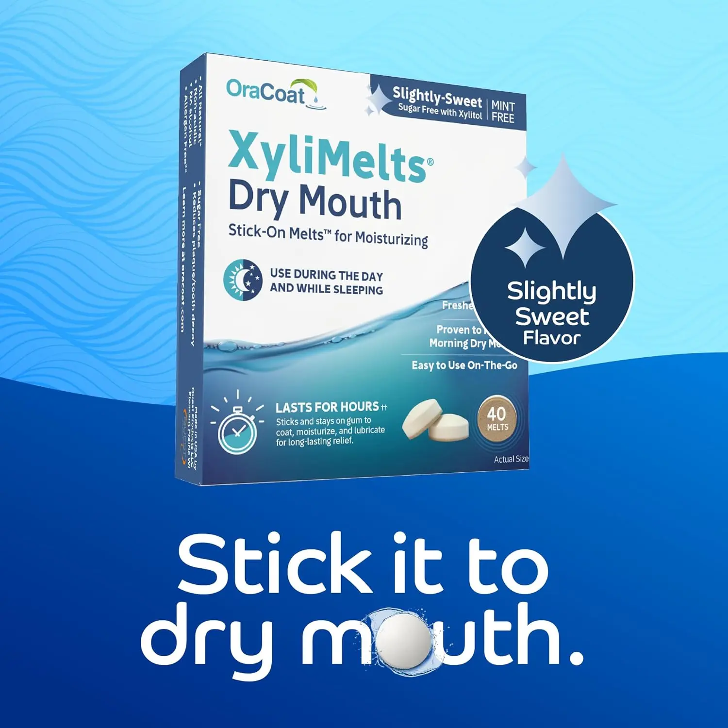 This is an image of Oracoat Miracle XyliMelts, designed to perfection as a sugar candy to help relieve dry mouth, containing 40 melts.