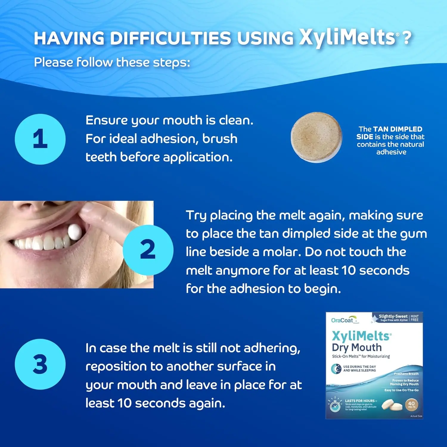 This is an image of Oracoat Miracle XyliMelts, designed to perfection as a sugar candy to help relieve dry mouth, containing 40 melts.