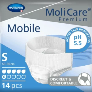 Image of Molicare Premium Mobile pull-up protective pants, small size, designed for comfortable and discreet daytime or nighttime use with soft material and secure elastics, worn like regular underwear.