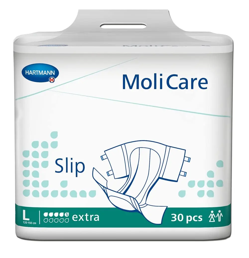 Molicare Slip Large adult diaper with breathable, moisture-repellent, antibacterial Dry-Plus fleece for comfort and pH-neutral protection.