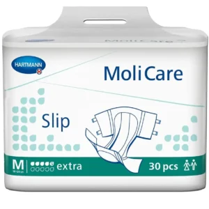Molicare Slip Green Drops Extra adult diaper in medium size, featuring soft, breathable, and moisture-repellent Dry-Plus fleece in the hip area with antibacterial and pH-neutral properties.