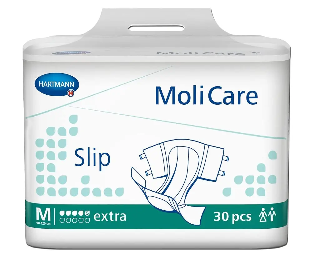 Molicare Slip Green Drops Extra adult diaper in medium size, featuring soft, breathable, and moisture-repellent Dry-Plus fleece in the hip area with antibacterial and pH-neutral properties.