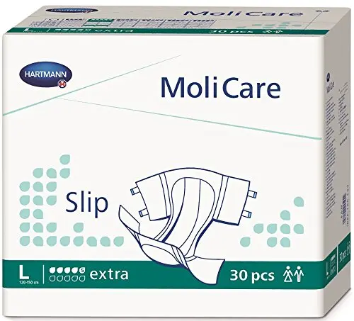 Molicare Slip Large adult diaper with breathable, moisture-repellent, antibacterial Dry-Plus fleece for comfort and pH-neutral protection.