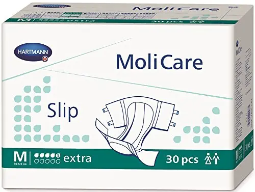 Molicare Slip Green Drops Extra adult diaper in medium size, featuring soft, breathable, and moisture-repellent Dry-Plus fleece in the hip area with antibacterial and pH-neutral properties.