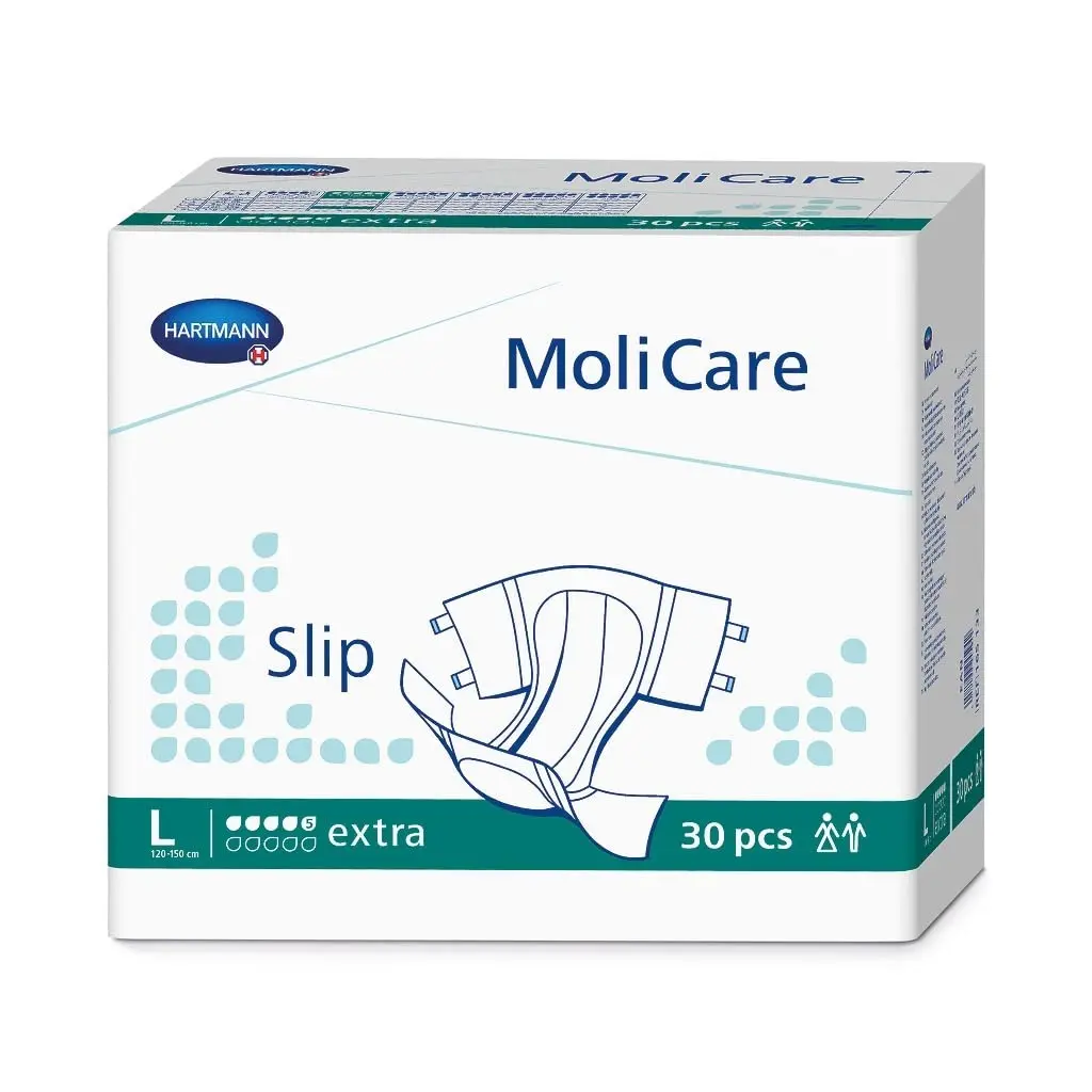 Molicare Slip Large adult diaper with breathable, moisture-repellent, antibacterial Dry-Plus fleece for comfort and pH-neutral protection.