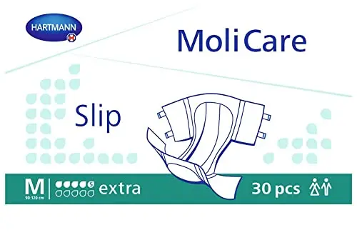 Molicare Slip Green Drops Extra adult diaper in medium size, featuring soft, breathable, and moisture-repellent Dry-Plus fleece in the hip area with antibacterial and pH-neutral properties.
