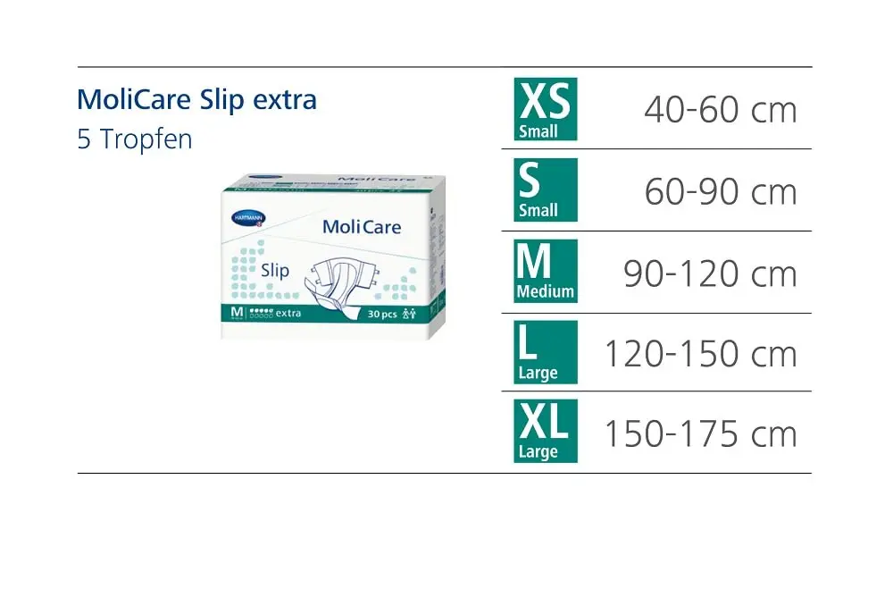Molicare Slip Green Drops Extra adult diaper in medium size, featuring soft, breathable, and moisture-repellent Dry-Plus fleece in the hip area with antibacterial and pH-neutral properties.