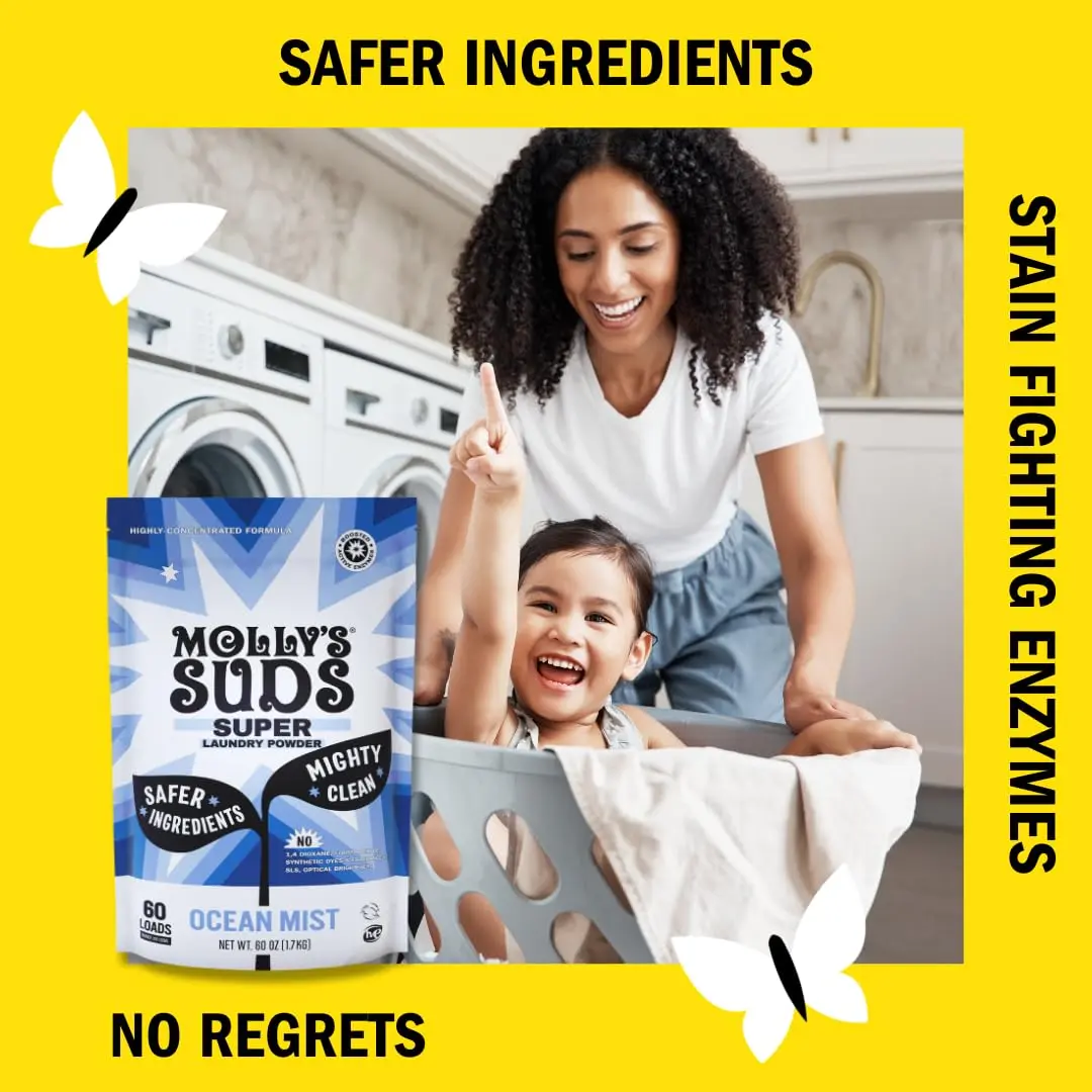 A pack of Molly's Suds Super Powder Laundry Detergent in Ocean Mist scent, offering 60 loads of plant-based, enzyme-powered cleaning that is safe for all washing machines, including HE.