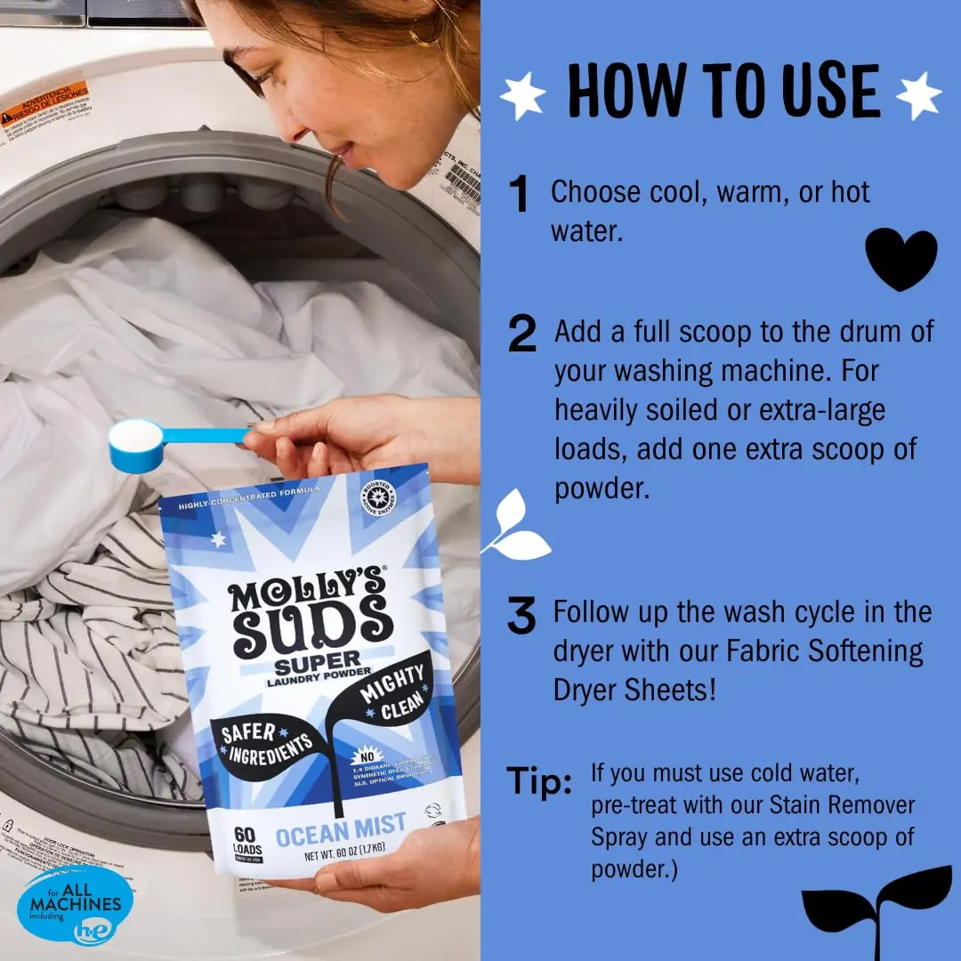 A pack of Molly's Suds Super Powder Laundry Detergent in Ocean Mist scent, offering 60 loads of plant-based, enzyme-powered cleaning that is safe for all washing machines, including HE.