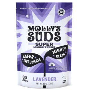 Molly's Suds lavender scented super powder laundry detergent offers 60 loads of plant-derived, powerful cleaning for sensitive skin.