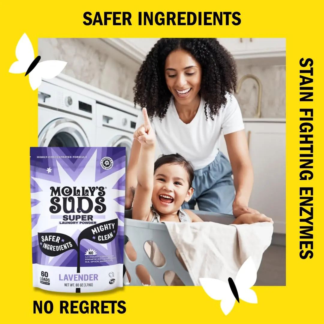 Molly's Suds lavender scented super powder laundry detergent offers 60 loads of plant-derived, powerful cleaning for sensitive skin.