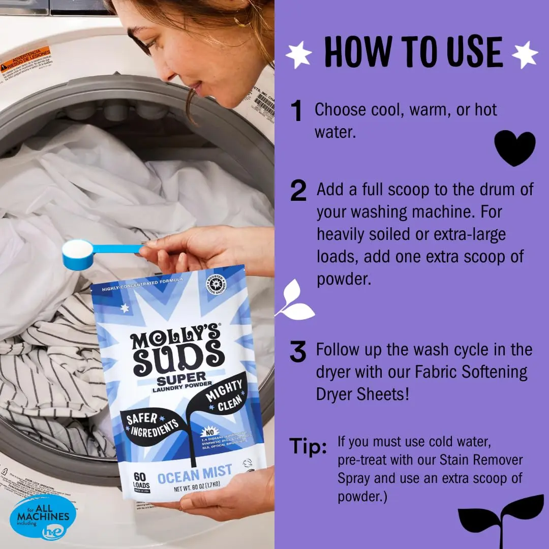 Molly's Suds lavender scented super powder laundry detergent offers 60 loads of plant-derived, powerful cleaning for sensitive skin.