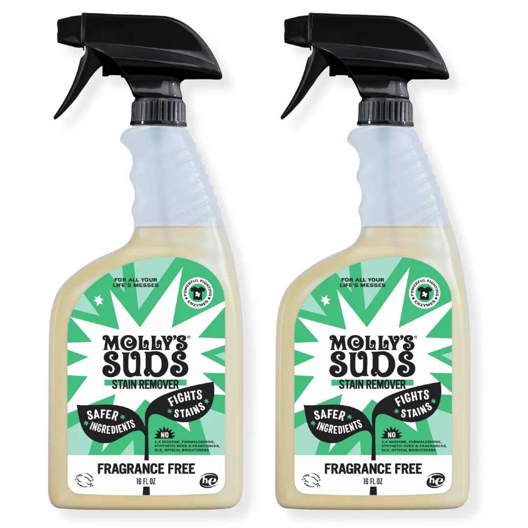 Two bottles of Molly's Suds stain remover spray, a gentle and effective formula for tackling tough stains like baby food and pet messes, made with clean ingredients.
