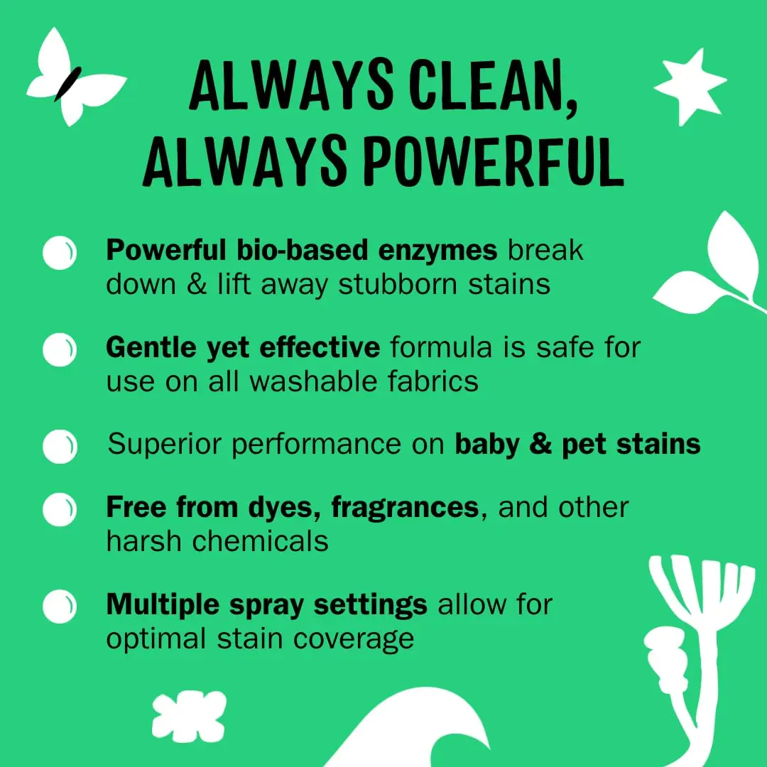 Two bottles of Molly's Suds stain remover spray, a gentle and effective formula for tackling tough stains like baby food and pet messes, made with clean ingredients.