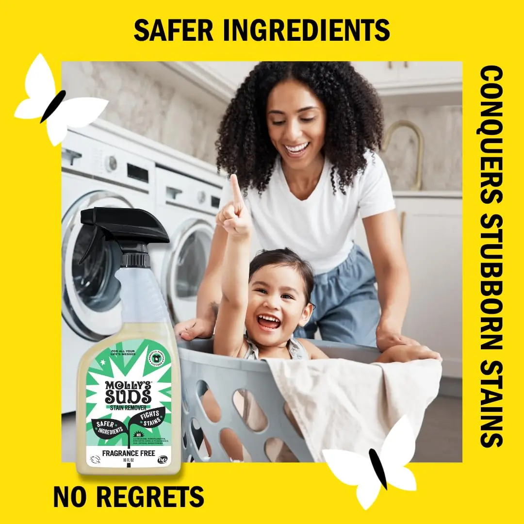 Two bottles of Molly's Suds stain remover spray, a gentle and effective formula for tackling tough stains like baby food and pet messes, made with clean ingredients.