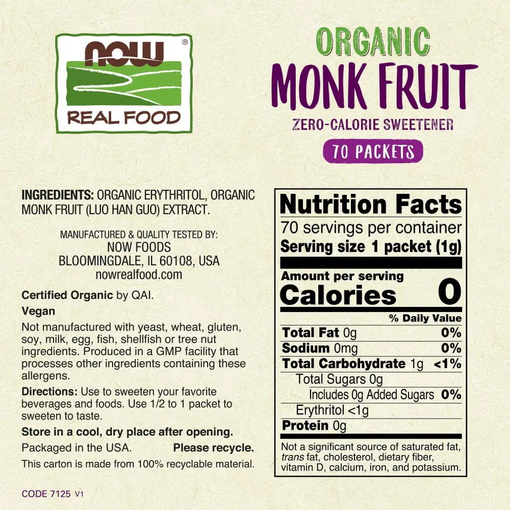 Now Foods Organic Monk Fruit liquid sweetener packets, a vegan and low glycemic alternative to sugar for sweetening beverages.