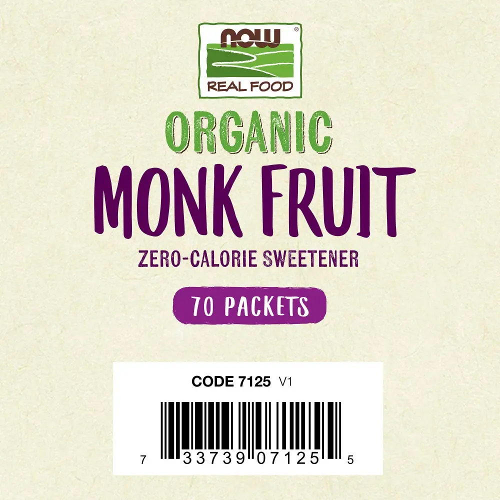 Now Foods Organic Monk Fruit liquid sweetener packets, a vegan and low glycemic alternative to sugar for sweetening beverages.
