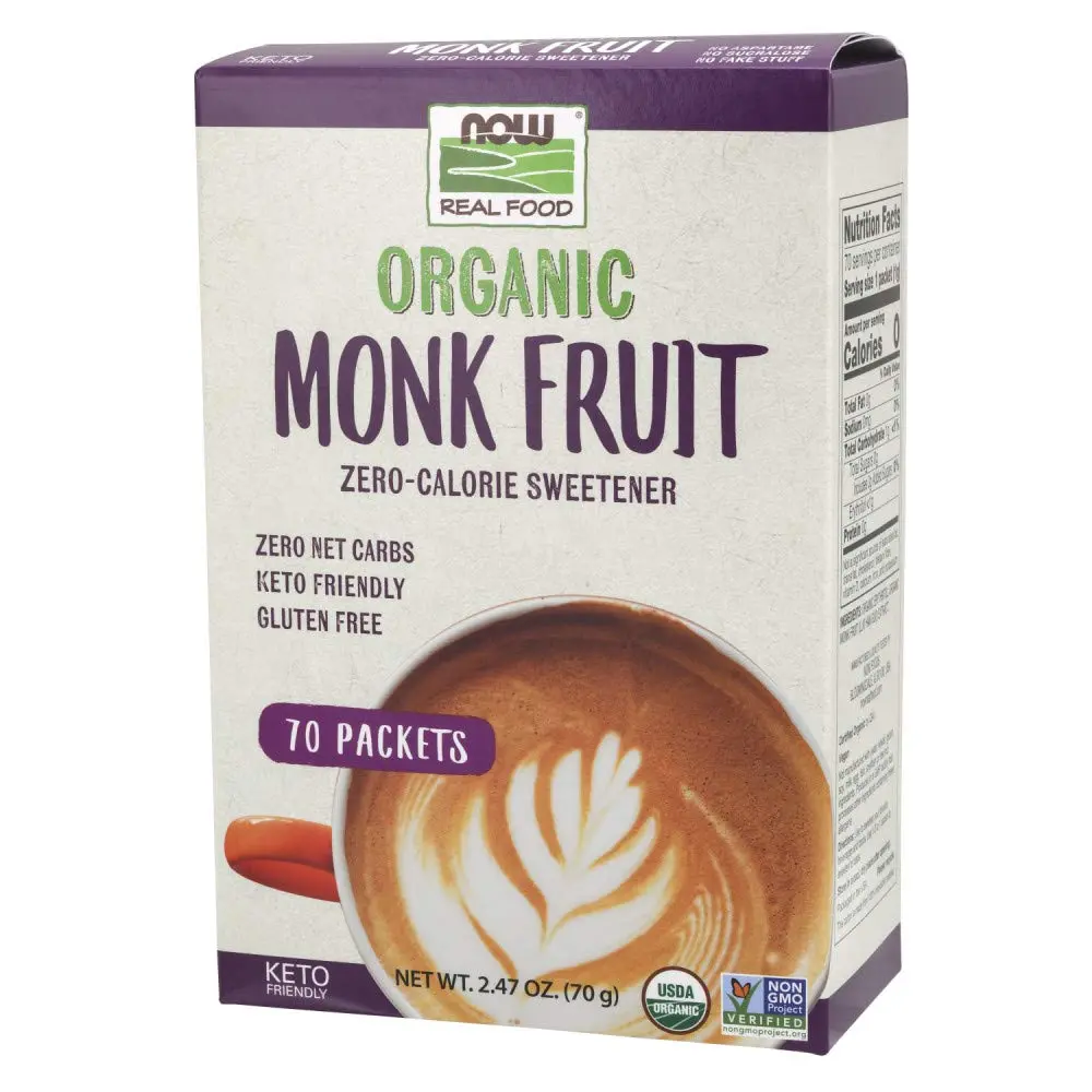 Now Foods Organic Monk Fruit liquid sweetener packets, a vegan and low glycemic alternative to sugar for sweetening beverages.