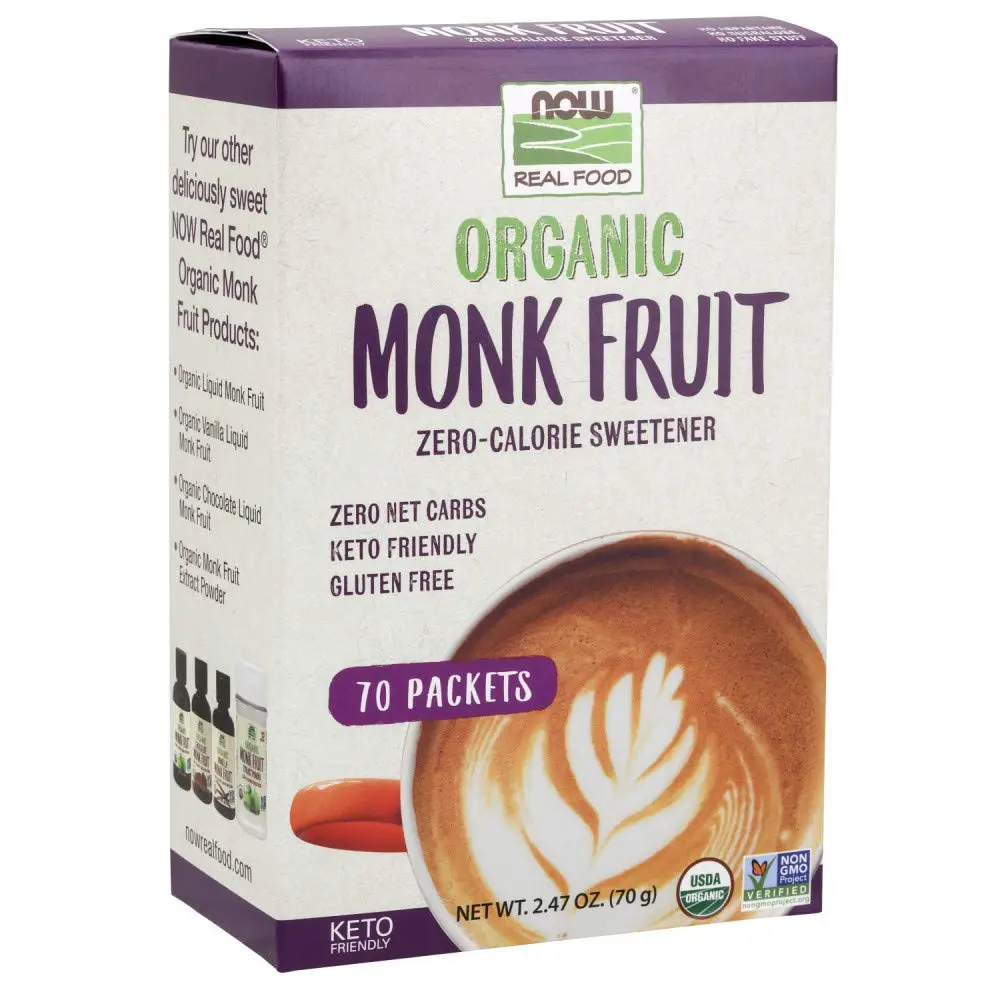 Now Foods Organic Monk Fruit liquid sweetener packets, a vegan and low glycemic alternative to sugar for sweetening beverages.