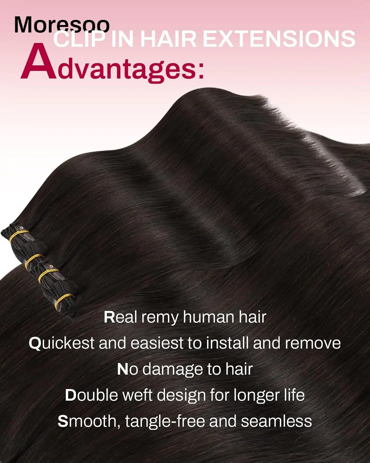 Moresoo dark brown clip in human hair extensions add volume and length for a natural looking hairstyle.