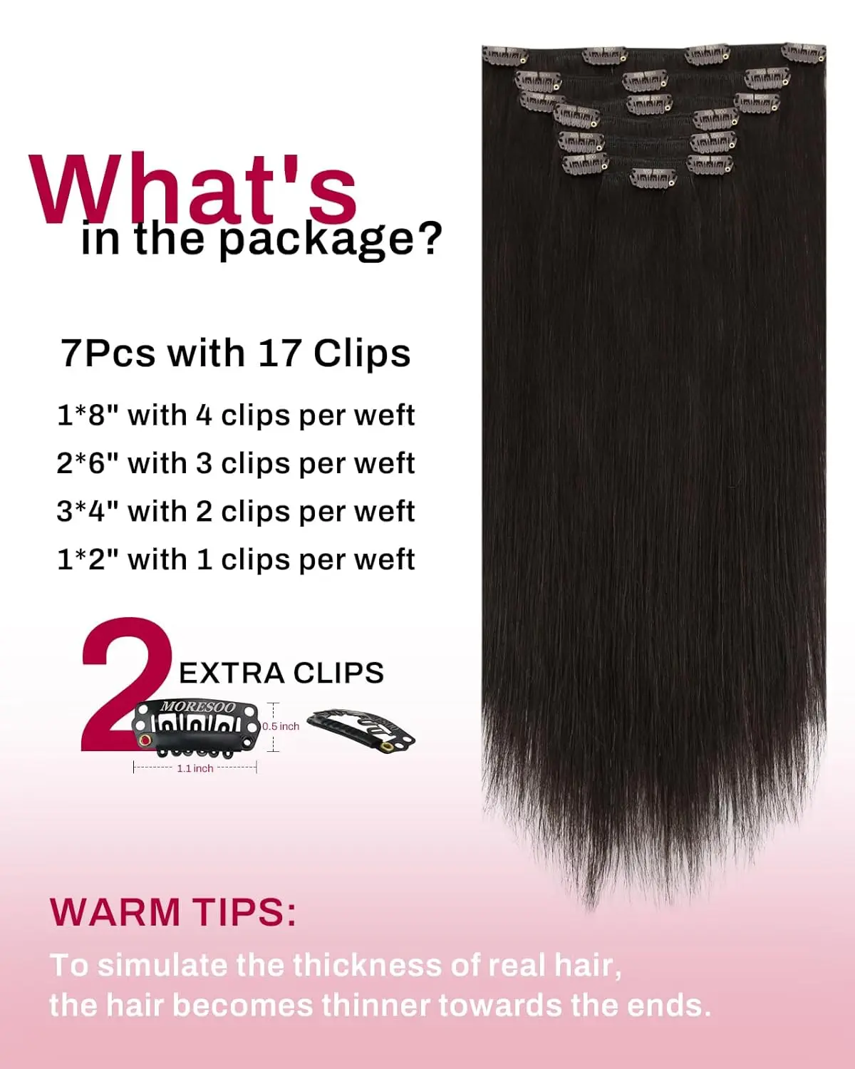 Moresoo dark brown clip in human hair extensions add volume and length for a natural looking hairstyle.