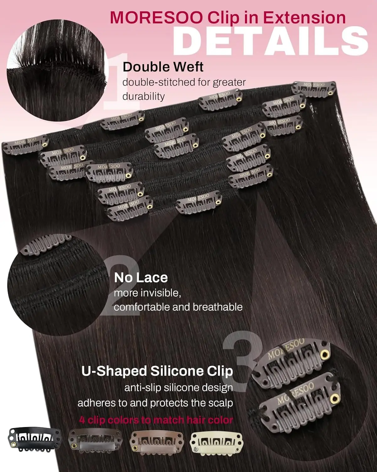 Moresoo dark brown clip in human hair extensions add volume and length for a natural looking hairstyle.