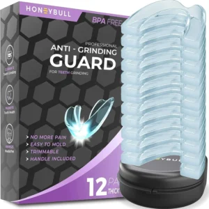 HONEYBULL pack of twelve thick mouth guards for heavy teeth grinding, clenching, and TMJ relief, which can also be used as teeth whitening trays.