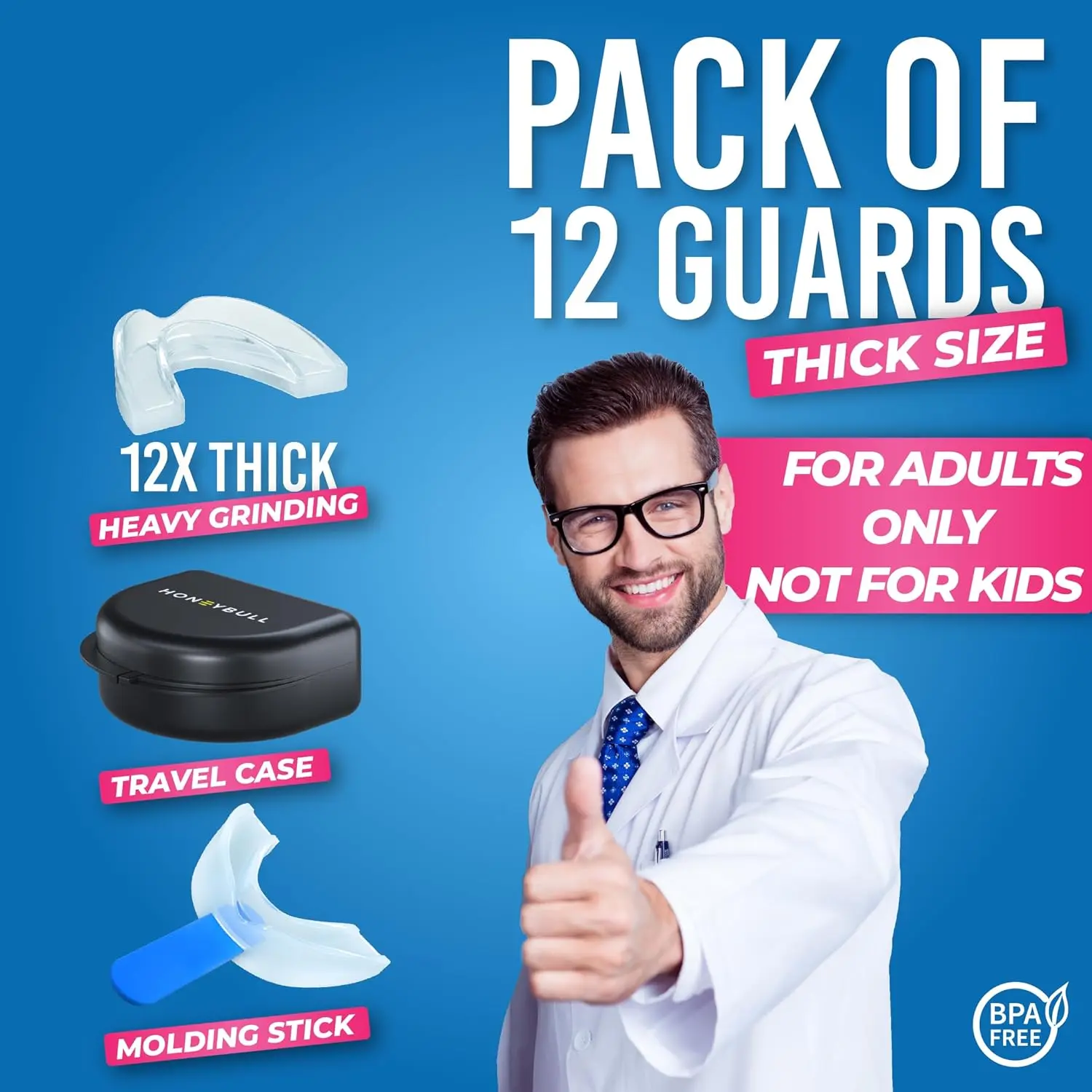 HONEYBULL pack of twelve thick mouth guards for heavy teeth grinding, clenching, and TMJ relief, which can also be used as teeth whitening trays.