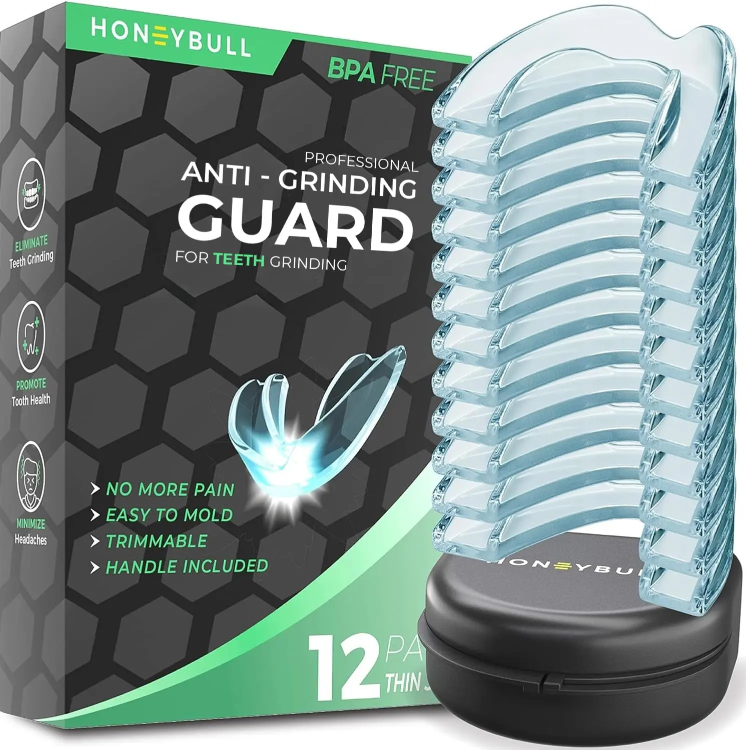 HONEYBULL pack of twelve thick mouth guards for heavy teeth grinding, clenching, and TMJ relief, which can also be used as teeth whitening trays.