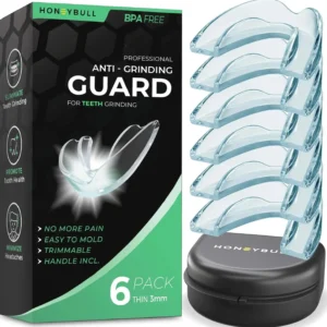 This six-pack of Honeybull mouth guards offers comfortable and customizable dental protection for light grinding, clenching, and use as a whitening tray, and comes with a convenient storage case.