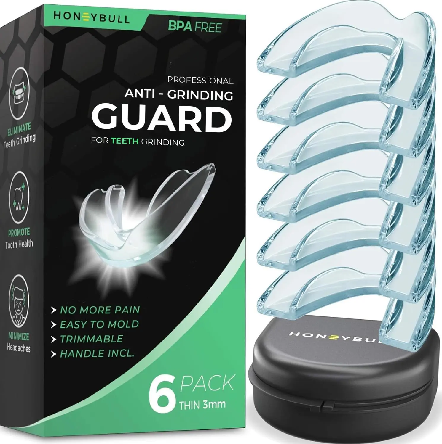 This six-pack of Honeybull mouth guards offers comfortable and customizable dental protection for light grinding, clenching, and use as a whitening tray, and comes with a convenient storage case.