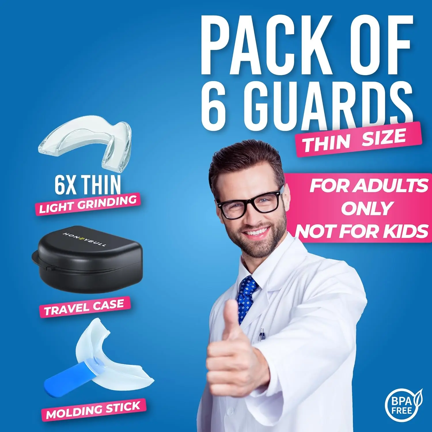 This six-pack of Honeybull mouth guards offers comfortable and customizable dental protection for light grinding, clenching, and use as a whitening tray, and comes with a convenient storage case.