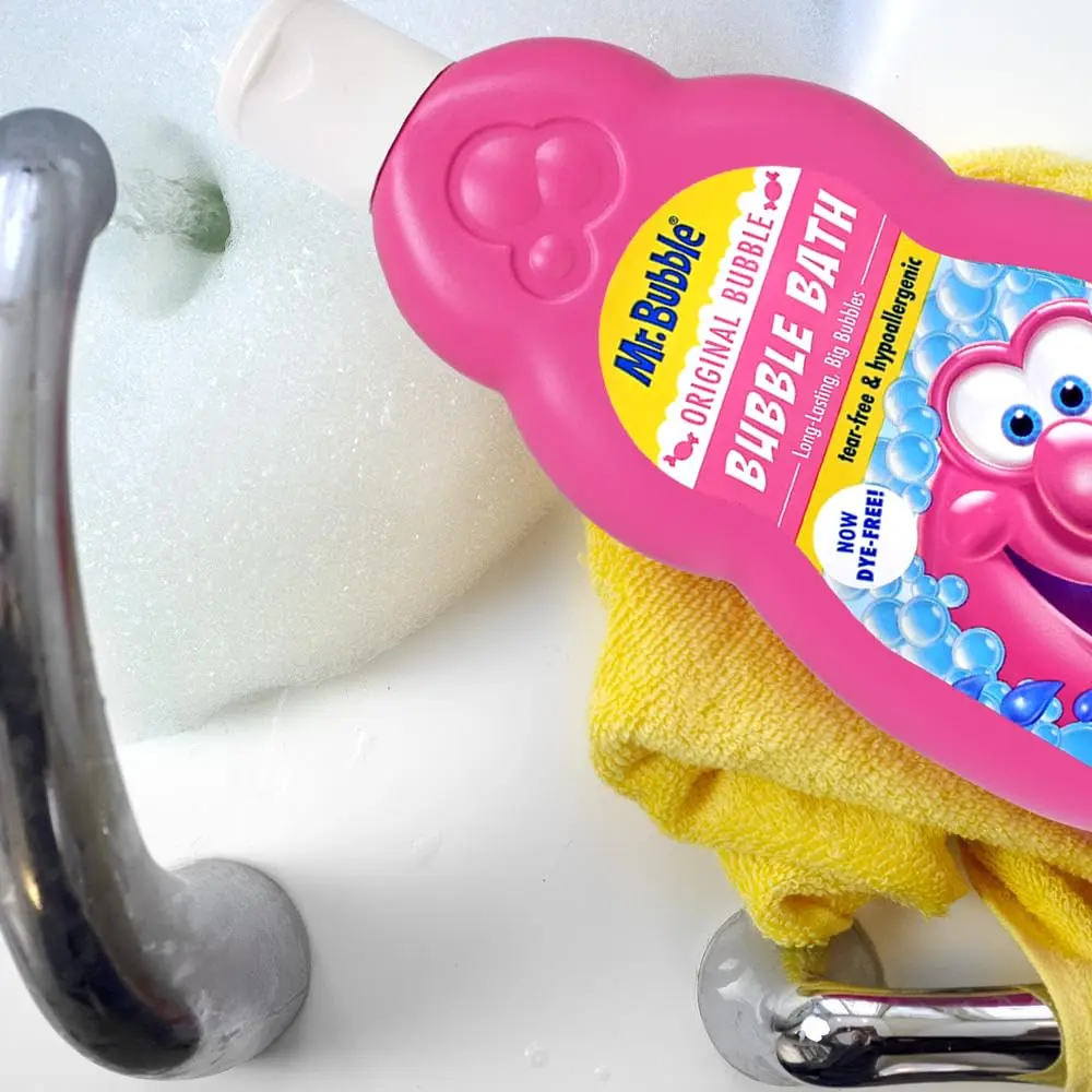 Two bottles of Mr. Bubble bubble bath solution create long-lasting, fun, and fragrant bubbles for a relaxing bath time experience for kids and adults.