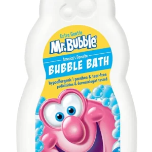 A bottle of Mr. Bubble Extra Gentle bubble bath, containing 16 ounces of bubble solution for kids.