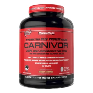 A tub of MuscleMeds Carnivor Vanilla Caramel flavored bioengineered beef protein isolate, a concentrated source of amino acids and gluten-free alternative to whey.