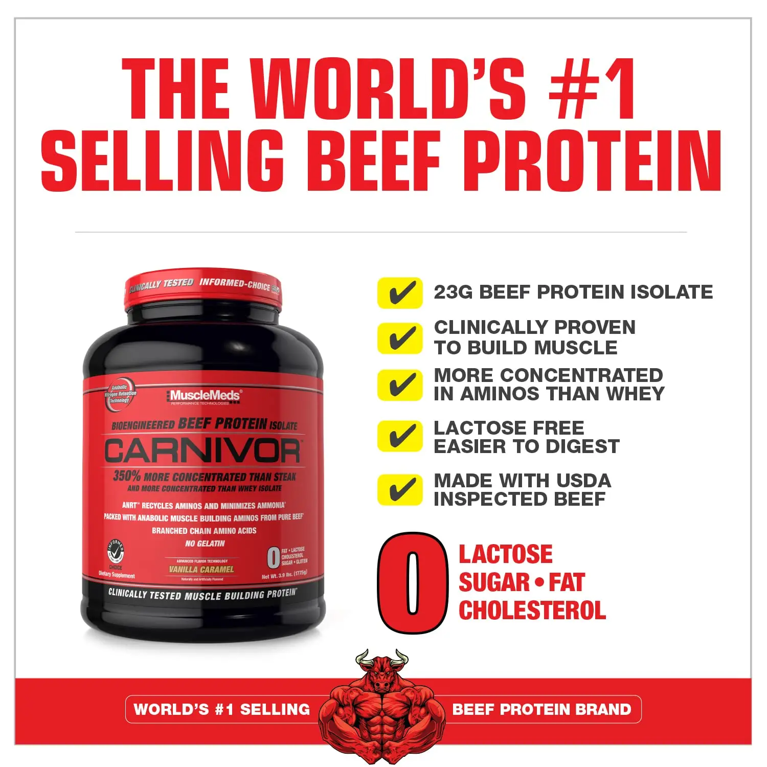 A tub of MuscleMeds Carnivor Vanilla Caramel flavored bioengineered beef protein isolate, a concentrated source of amino acids and gluten-free alternative to whey.