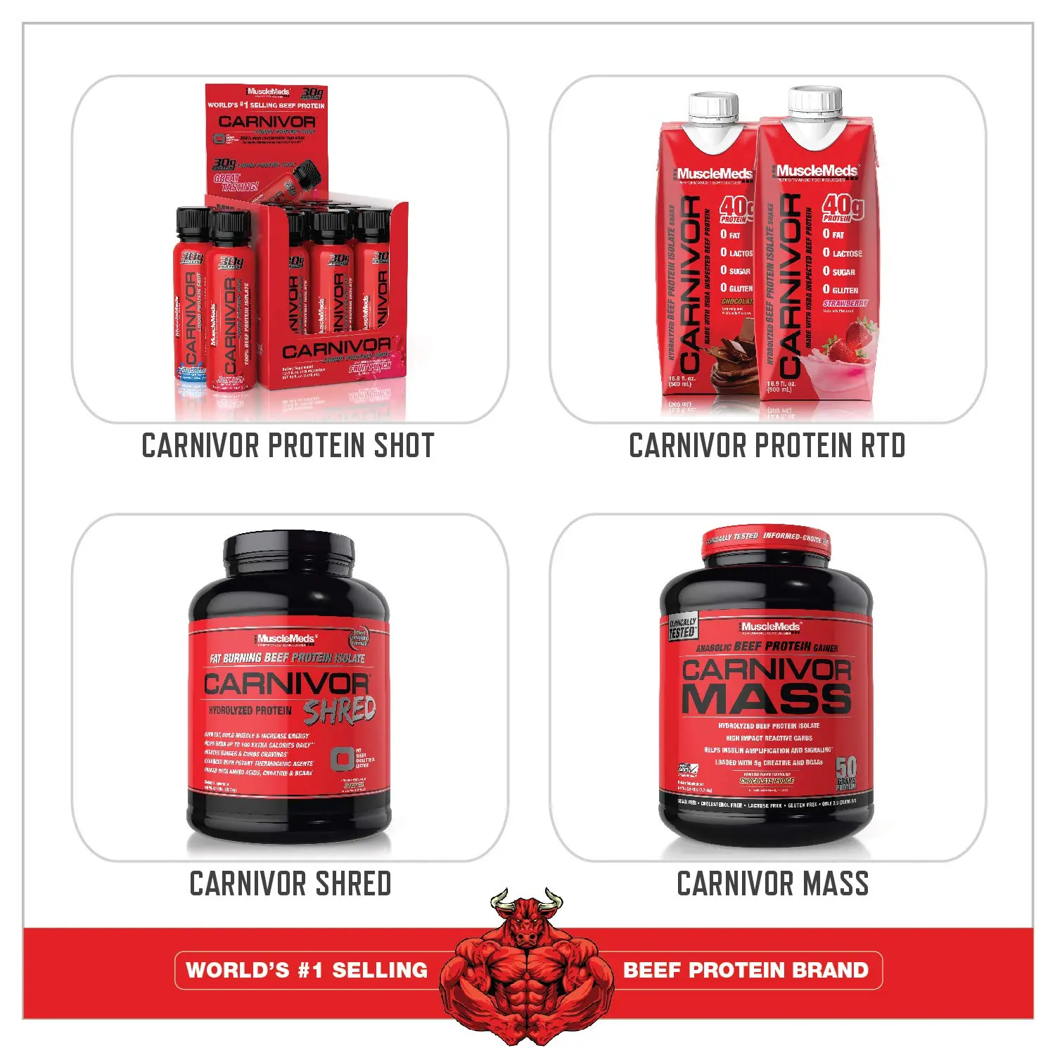 A tub of MuscleMeds Carnivor Vanilla Caramel flavored bioengineered beef protein isolate, a concentrated source of amino acids and gluten-free alternative to whey.