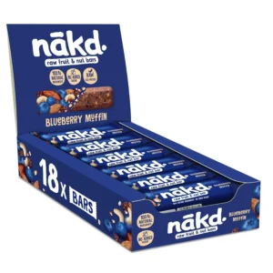 Individually wrapped NAKD Blueberry Muffin raw fruit and nut bars, a gluten-free, vegan, and kosher snack made with 100% natural ingredients and no added sugar.