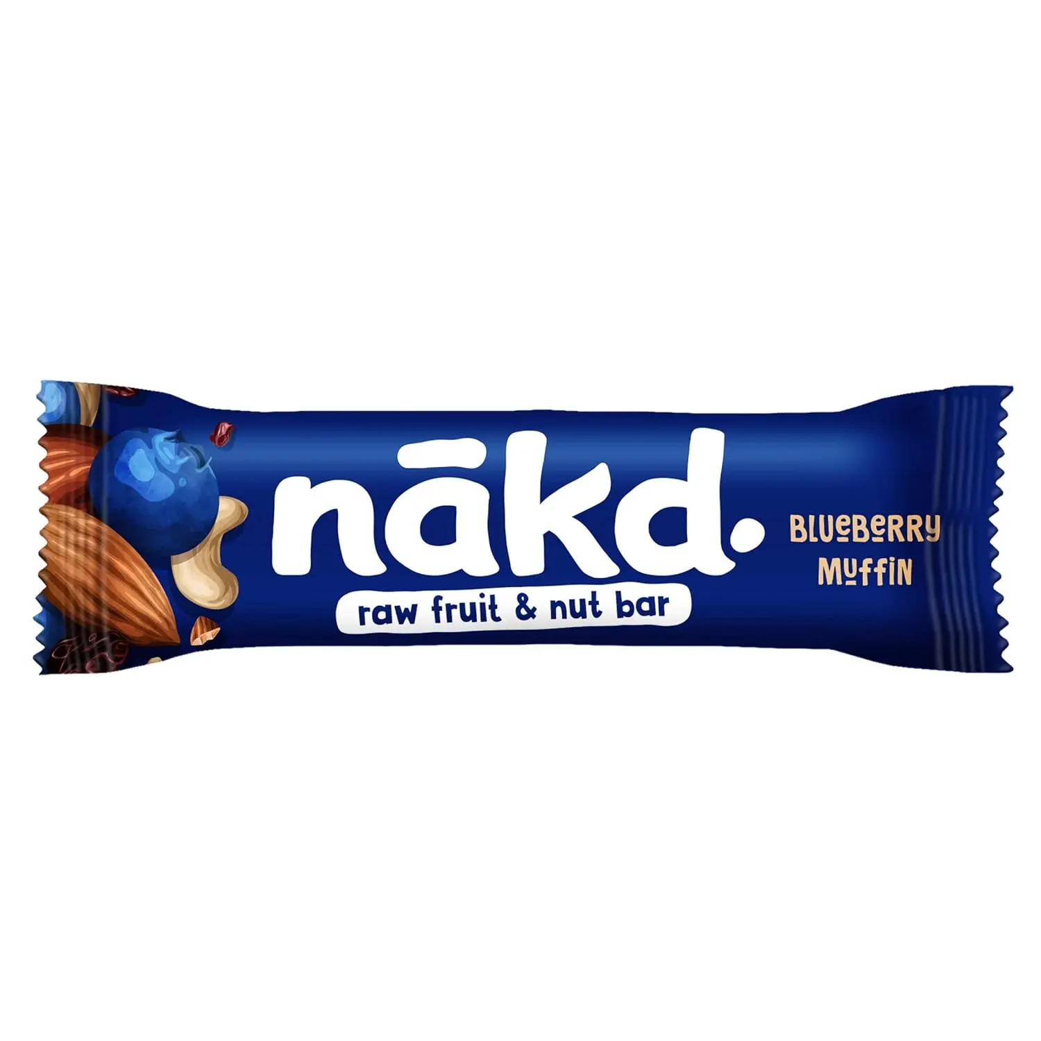Individually wrapped NAKD Blueberry Muffin raw fruit and nut bars, a gluten-free, vegan, and kosher snack made with 100% natural ingredients and no added sugar.