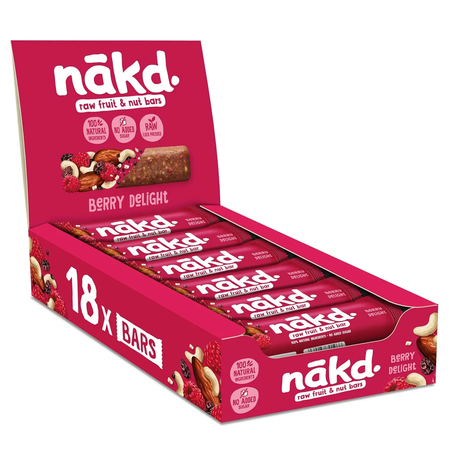 Individually wrapped NAKD Blueberry Muffin raw fruit and nut bars, a gluten-free, vegan, and kosher snack made with 100% natural ingredients and no added sugar.