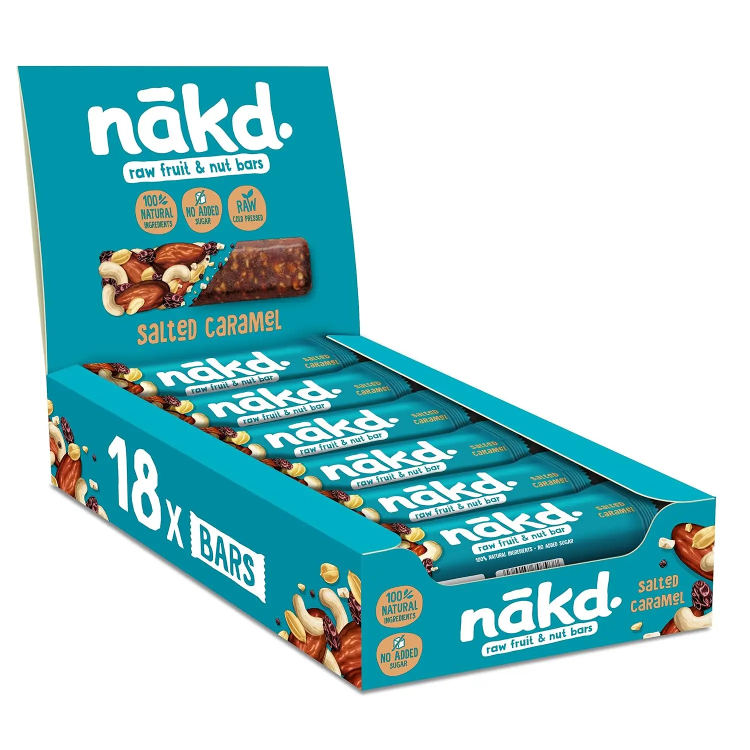Individually wrapped NAKD Blueberry Muffin raw fruit and nut bars, a gluten-free, vegan, and kosher snack made with 100% natural ingredients and no added sugar.